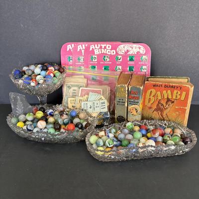 LOT 92: Vintage Marbles, Auto Bingo, Derby Board Game Pieces including Metal Horses, Playing Cards, Money, Place Tickets along with...