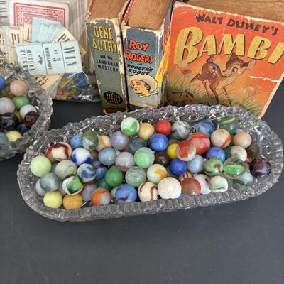 LOT 92: Vintage Marbles, Auto Bingo, Derby Board Game Pieces including Metal Horses, Playing Cards, Money, Place Tickets along with...