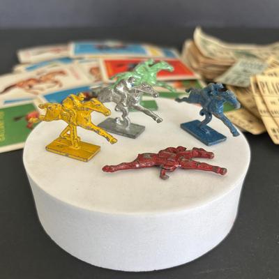 LOT 92: Vintage Marbles, Auto Bingo, Derby Board Game Pieces including Metal Horses, Playing Cards, Money, Place Tickets along with...