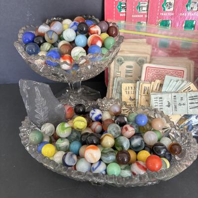 LOT 92: Vintage Marbles, Auto Bingo, Derby Board Game Pieces including Metal Horses, Playing Cards, Money, Place Tickets along with...