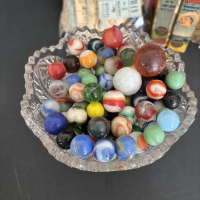 LOT 92: Vintage Marbles, Auto Bingo, Derby Board Game Pieces including Metal Horses, Playing Cards, Money, Place Tickets along with...