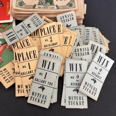 LOT 92: Vintage Marbles, Auto Bingo, Derby Board Game Pieces including Metal Horses, Playing Cards, Money, Place Tickets along with...