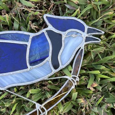 LOT 96: Beautiful Stained-Glass Blue Jay, Hand Painted Hummingbird, Bushnell Binoculars & Birding Books