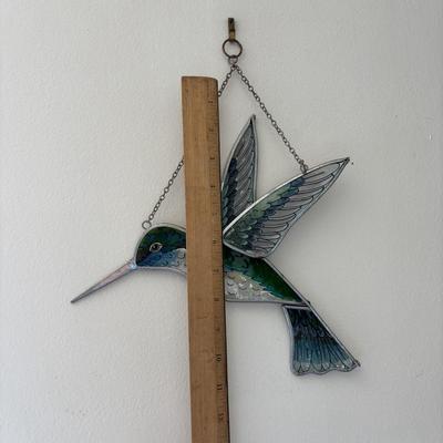 LOT 96: Beautiful Stained-Glass Blue Jay, Hand Painted Hummingbird, Bushnell Binoculars & Birding Books