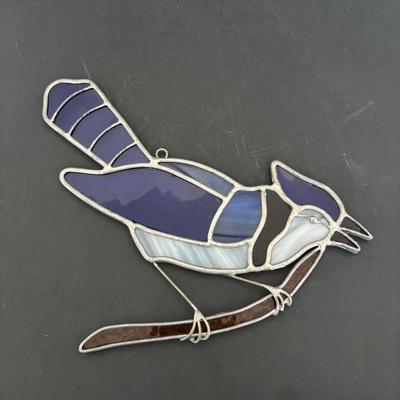 LOT 96: Beautiful Stained-Glass Blue Jay, Hand Painted Hummingbird, Bushnell Binoculars & Birding Books