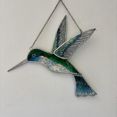 LOT 96: Beautiful Stained-Glass Blue Jay, Hand Painted Hummingbird, Bushnell Binoculars & Birding Books