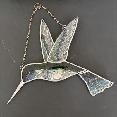 LOT 96: Beautiful Stained-Glass Blue Jay, Hand Painted Hummingbird, Bushnell Binoculars & Birding Books