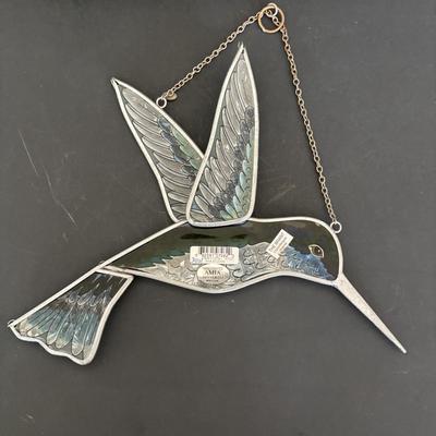 LOT 96: Beautiful Stained-Glass Blue Jay, Hand Painted Hummingbird, Bushnell Binoculars & Birding Books