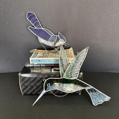 LOT 96: Beautiful Stained-Glass Blue Jay, Hand Painted Hummingbird, Bushnell Binoculars & Birding Books