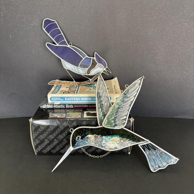 LOT 96: Beautiful Stained-Glass Blue Jay, Hand Painted Hummingbird, Bushnell Binoculars & Birding Books
