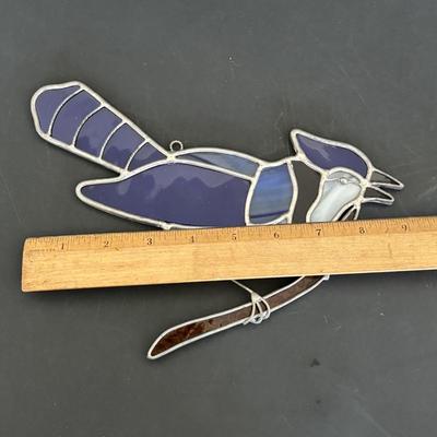 LOT 96: Beautiful Stained-Glass Blue Jay, Hand Painted Hummingbird, Bushnell Binoculars & Birding Books