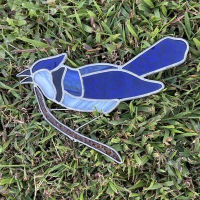 LOT 96: Beautiful Stained-Glass Blue Jay, Hand Painted Hummingbird, Bushnell Binoculars & Birding Books