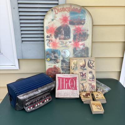 LOT 95: Vintage Toys: Chromatic Magnus Accordion, Animals Cards, Disneyland Tabletop Pinball Game