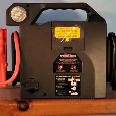 LOT 116: Two-Shelf Red Metal Tool Cart, Portable Tire Inflator, Jump Start Battery and Car Diagnostic Scan Tool