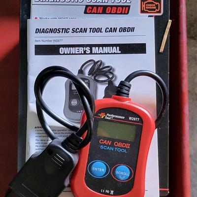 LOT 116: Two-Shelf Red Metal Tool Cart, Portable Tire Inflator, Jump Start Battery and Car Diagnostic Scan Tool
