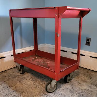 LOT 116: Two-Shelf Red Metal Tool Cart, Portable Tire Inflator, Jump Start Battery and Car Diagnostic Scan Tool