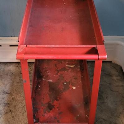 LOT 116: Two-Shelf Red Metal Tool Cart, Portable Tire Inflator, Jump Start Battery and Car Diagnostic Scan Tool