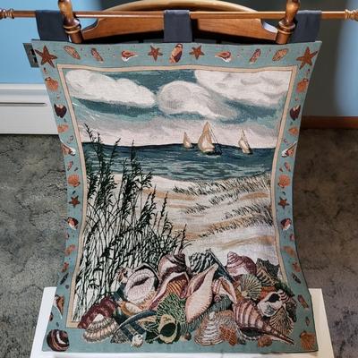 LOT 117: Collection of Beach Themed Artwork and Decorations Including Painted Lighthouse Clock, Wall Tapestry and More