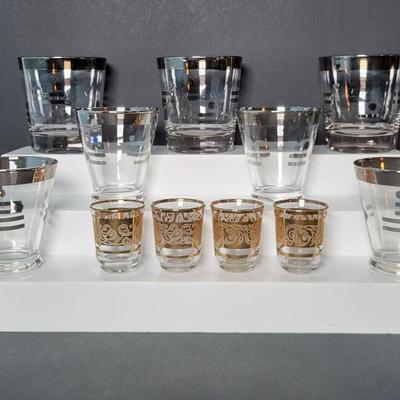 LOT 126: Vintage MCM Glass Collection: Dorothy Thorpe Silver Polka Dot Dashes Glasses & Gold Trim Shot Glasses