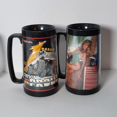 LOT 134: Vintage Snap-On Pin-up Girls 16oz Cups (3) & "Driving Proud Truck 16oz Cup & More