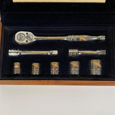 LOT 139: Vintage Snap-on Tools 70th Anniversary Special Edition 24K Gold Engraved Lettering Ratchet Set in Wood Display Box