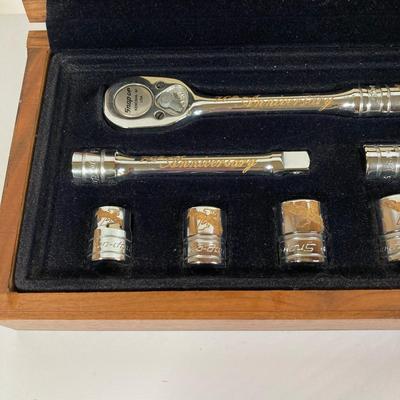 LOT 139: Vintage Snap-on Tools 70th Anniversary Special Edition 24K Gold Engraved Lettering Ratchet Set in Wood Display Box