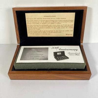 LOT 139: Vintage Snap-on Tools 70th Anniversary Special Edition 24K Gold Engraved Lettering Ratchet Set in Wood Display Box