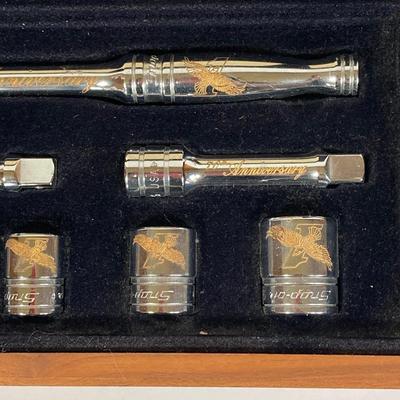 LOT 139: Vintage Snap-on Tools 70th Anniversary Special Edition 24K Gold Engraved Lettering Ratchet Set in Wood Display Box