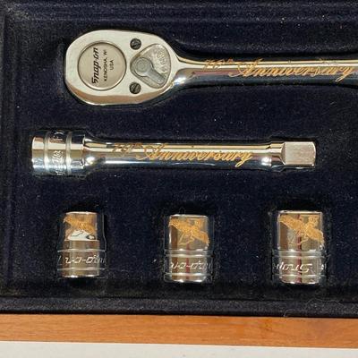 LOT 139: Vintage Snap-on Tools 70th Anniversary Special Edition 24K Gold Engraved Lettering Ratchet Set in Wood Display Box