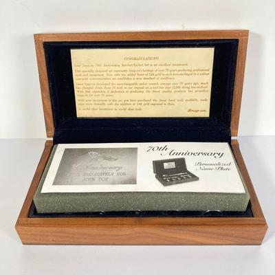 LOT 139: Vintage Snap-on Tools 70th Anniversary Special Edition 24K Gold Engraved Lettering Ratchet Set in Wood Display Box