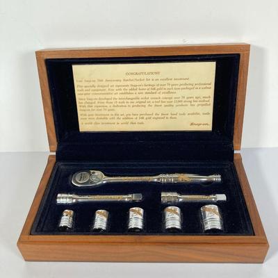 LOT 139: Vintage Snap-on Tools 70th Anniversary Special Edition 24K Gold Engraved Lettering Ratchet Set in Wood Display Box