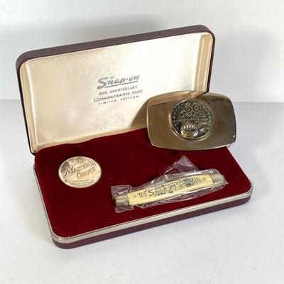 LOT 158: Snap-on 60th Anniversary Commemorative Limited Edition Coin and Knife Set with 60th Anniversary Belt Buckle