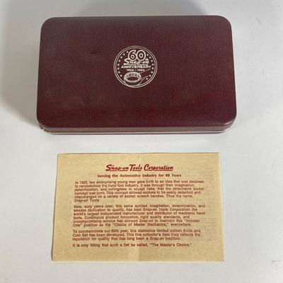 LOT 191: Snap-on 60th Anniversary Commemorative Knife / Coin Set with 60th Anniversary Belt Buckle