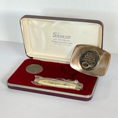 LOT 191: Snap-on 60th Anniversary Commemorative Knife / Coin Set with 60th Anniversary Belt Buckle