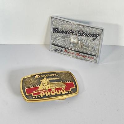 LOT 192: Snap-on Belt Buckles - Drivin Proud Brass and Runnin Strong with Team Snap-on Chrome on Brass
