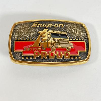 LOT 192: Snap-on Belt Buckles - Drivin Proud Brass and Runnin Strong with Team Snap-on Chrome on Brass