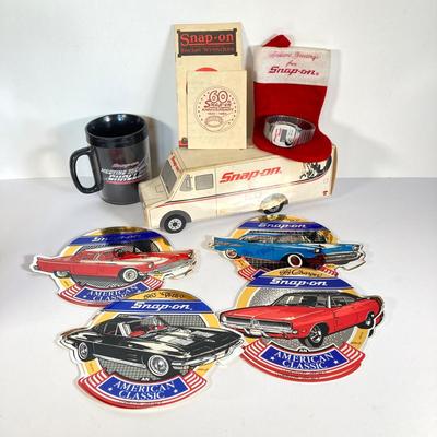 LOT 195: Snap-on Quality Work Socks in Cardboard Bank Truck, American Classics Decals, Digital Watch, Christmas Stocking and More