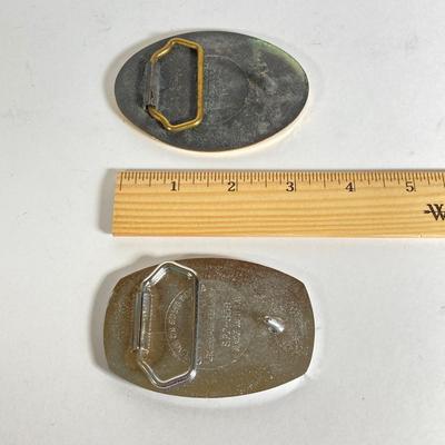 LOT 196: Pair of Snap-on Belt Buckles - Charging to New Horizons (Solid Brass) and Snap-on (Chrome on Solid Brass)