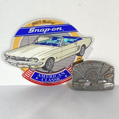 LOT 197: Ford and Snap-on Collection - Commemorative Mustang Belt Buckle, American Classics Decal, Victorino Switzerland Knives and...