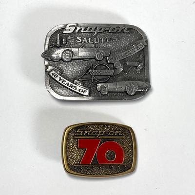 LOT 198: Snap-on Salutes 40 Years of Corvettes Limited Edition Numbered Belt Buckle and 70 Year Anniversary Belt Buckle
