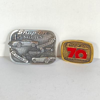 LOT 198: Snap-on Salutes 40 Years of Corvettes Limited Edition Numbered Belt Buckle and 70 Year Anniversary Belt Buckle