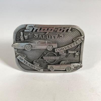 LOT 198: Snap-on Salutes 40 Years of Corvettes Limited Edition Numbered Belt Buckle and 70 Year Anniversary Belt Buckle