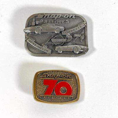 LOT 198: Snap-on Salutes 40 Years of Corvettes Limited Edition Numbered Belt Buckle and 70 Year Anniversary Belt Buckle
