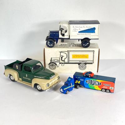 LOT 200: Salem County Fair Association Ertl 1925 Kenworth Toy Truck Bank, Sovereign Toy Truck and Miniature Dupont #24 Tractor Trailer...