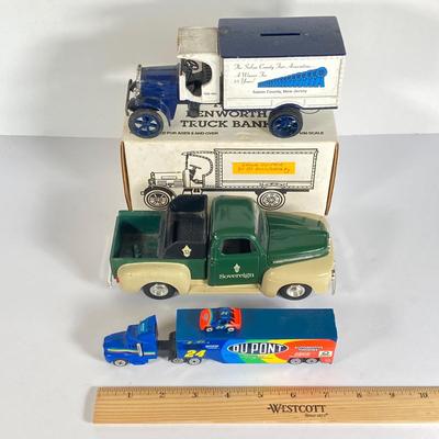LOT 200: Salem County Fair Association Ertl 1925 Kenworth Toy Truck Bank, Sovereign Toy Truck and Miniature Dupont #24 Tractor Trailer...