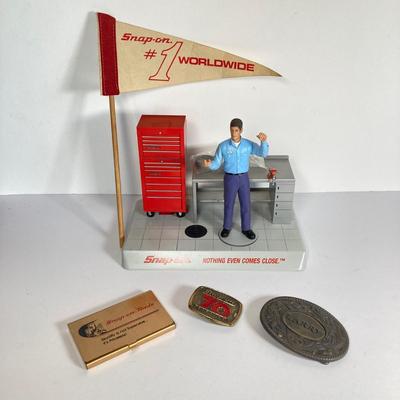 LOT 201: Snap-on Joe's Service "Nothing Even Comes Close" Motion Bank, #1 Worldwide Pennant, Business Card Holder /...