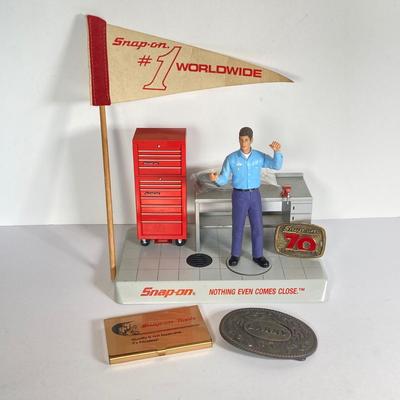 LOT 201: Snap-on Joe's Service "Nothing Even Comes Close" Motion Bank, #1 Worldwide Pennant, Business Card Holder /...
