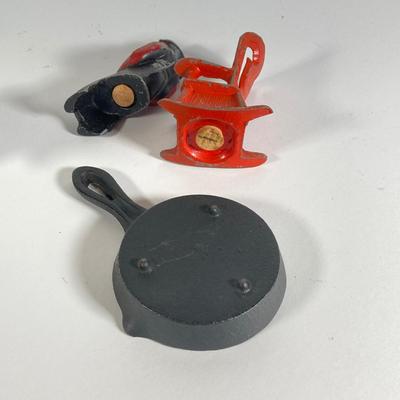 LOT 203: Collection of Cast Iron Miniatures - Salt and Pepper, Seesaw,, Sand Timer, Anvil, Tonka Toy Fire Hydrant, Skillet, Hammer and More