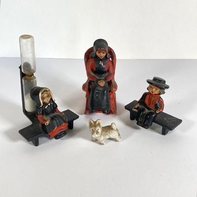 LOT 203: Collection of Cast Iron Miniatures - Salt and Pepper, Seesaw,, Sand Timer, Anvil, Tonka Toy Fire Hydrant, Skillet, Hammer and More