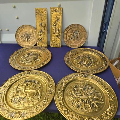 Sale Photo Thumbnail #11: Lot of numerous items of brass look decor as pictured.
Big plates are 15" across.